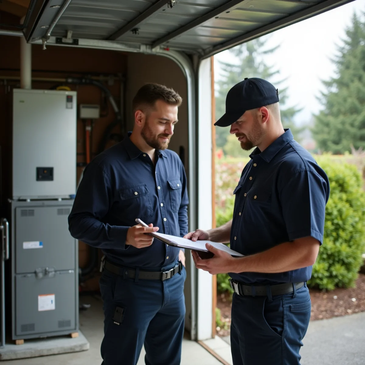 HVAC contractor explaining a furnace repair estimate to a homeowner in Lynnwood, WA