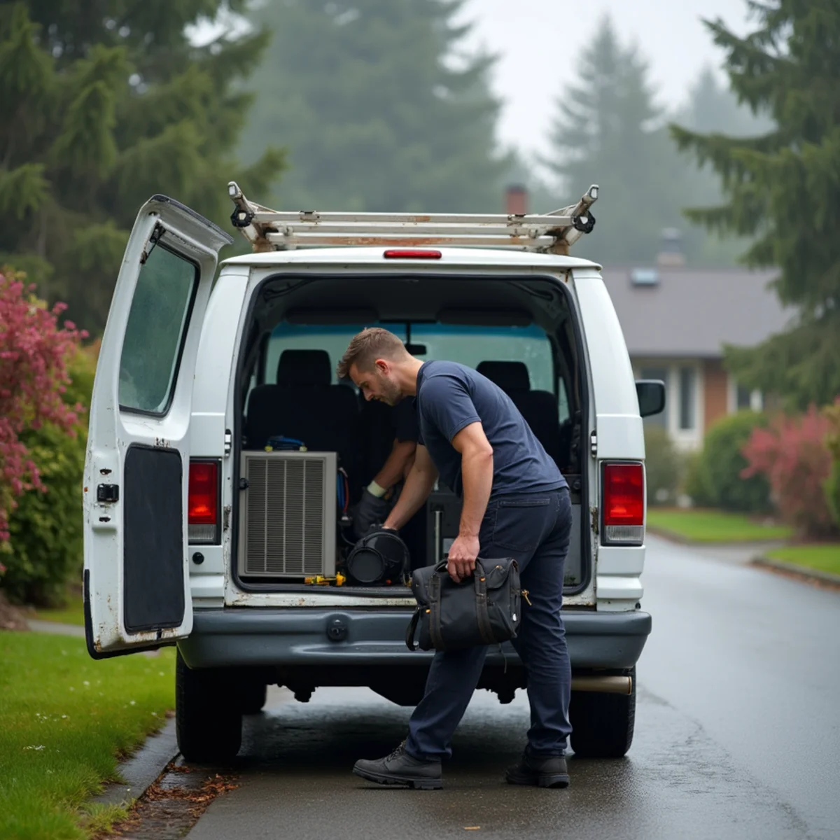 HVAC contractor loading tools into a service van on a residential street in Lynnwood, WA