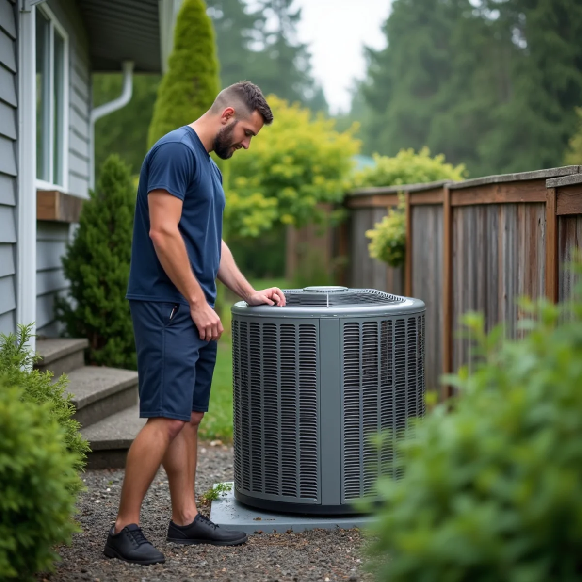 Homeowner checking whether the outdoor AC condenser fan is spinning at a Lynnwood, WA home