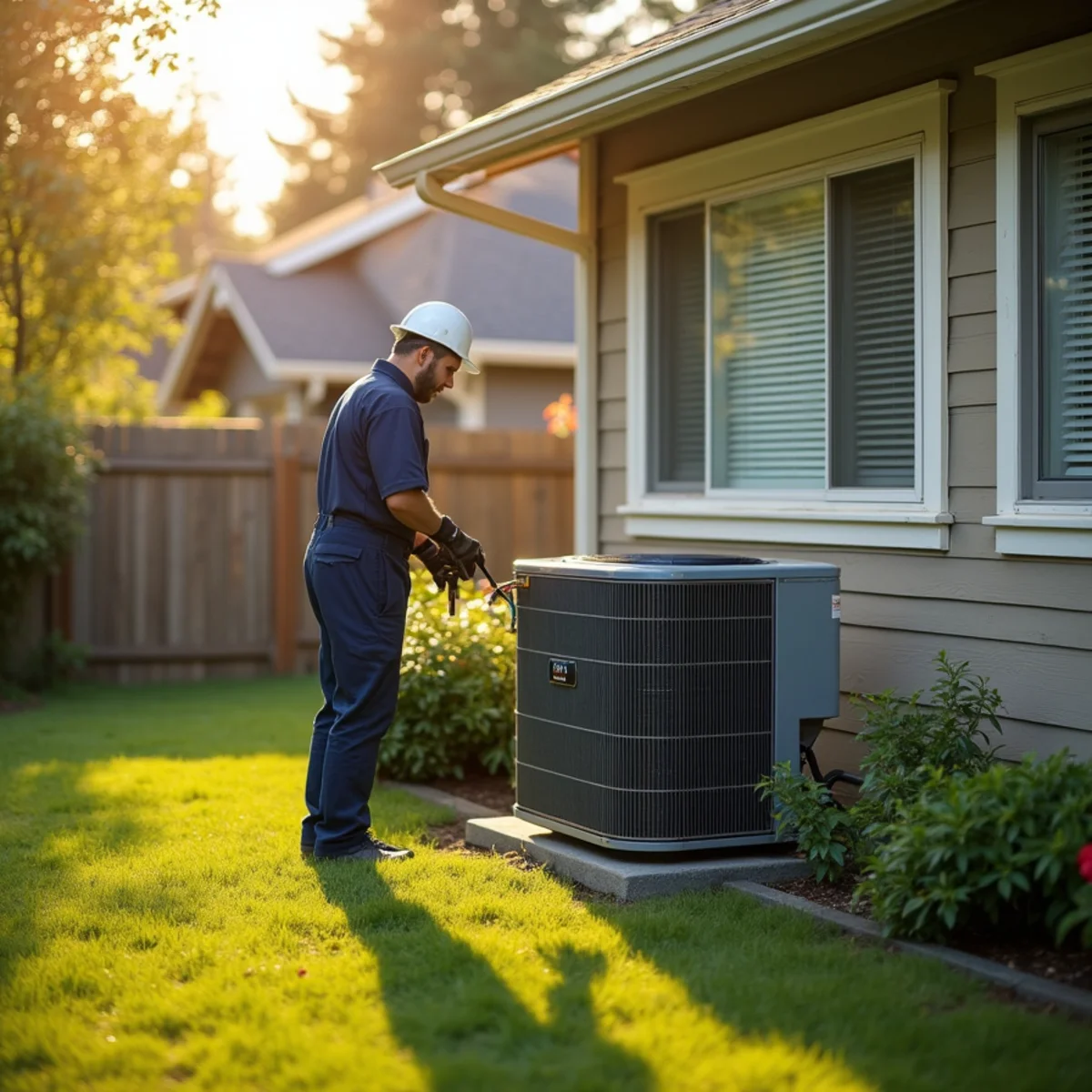 Central air conditioner condenser running beside a Lynnwood, WA home during a summer heat wave