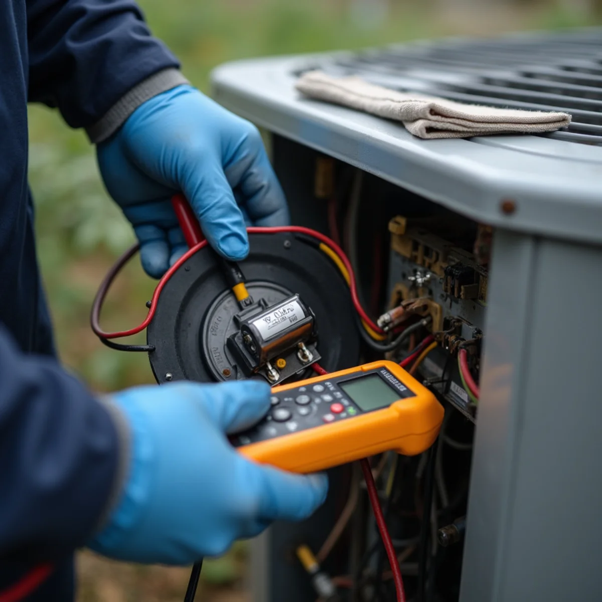 Technician testing the run capacitor and contactor inside an AC condenser at a Lynnwood home