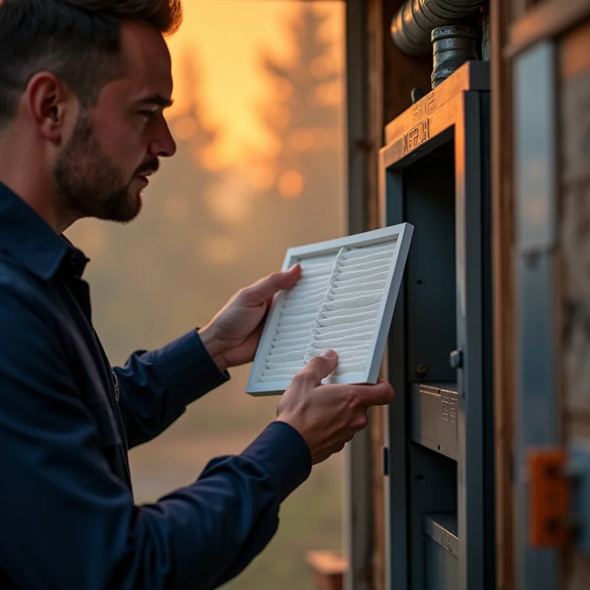MERV 13 air filter being installed in a furnace filter slot in a Lynnwood home during wildfire smoke season
