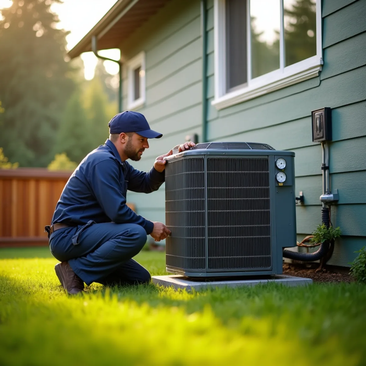 Technician checking an outdoor air conditioner condenser beside a Lynnwood, WA house