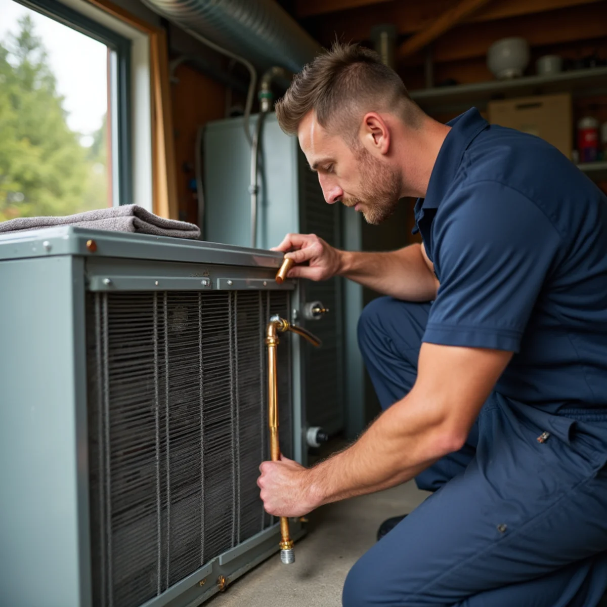 Technician connecting copper refrigerant lines to add central AC to an existing furnace in an older Edmonds, WA home