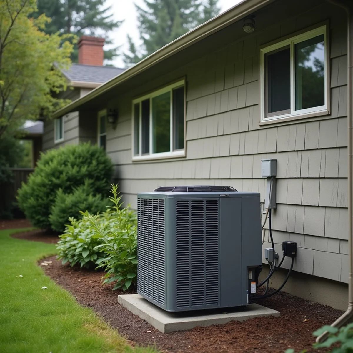 Ducted heat pump outdoor unit added beside a 1970s split-level home in Lynnwood, WA for heating and cooling