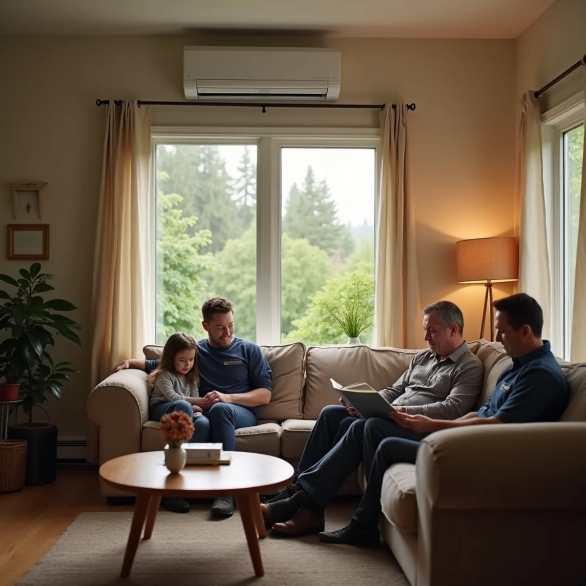 Ductless mini-split wall unit cooling the living room of an older Lynnwood, WA home with baseboard heat