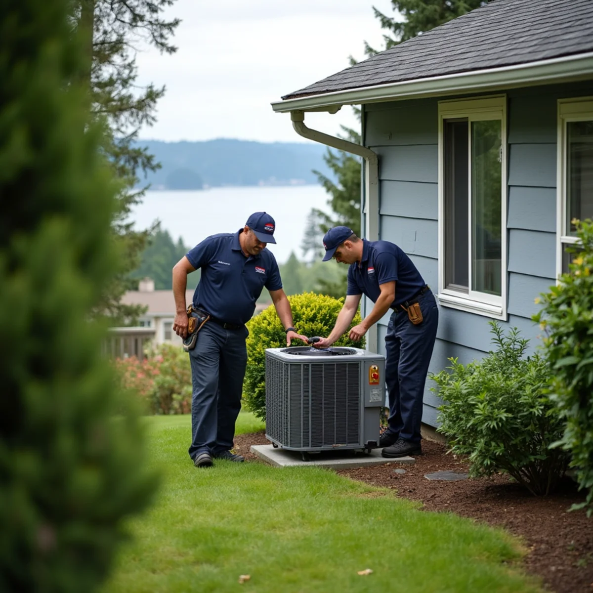 Split-level 1970s home in Edmonds, WA with a new outdoor cooling unit installed beside the house