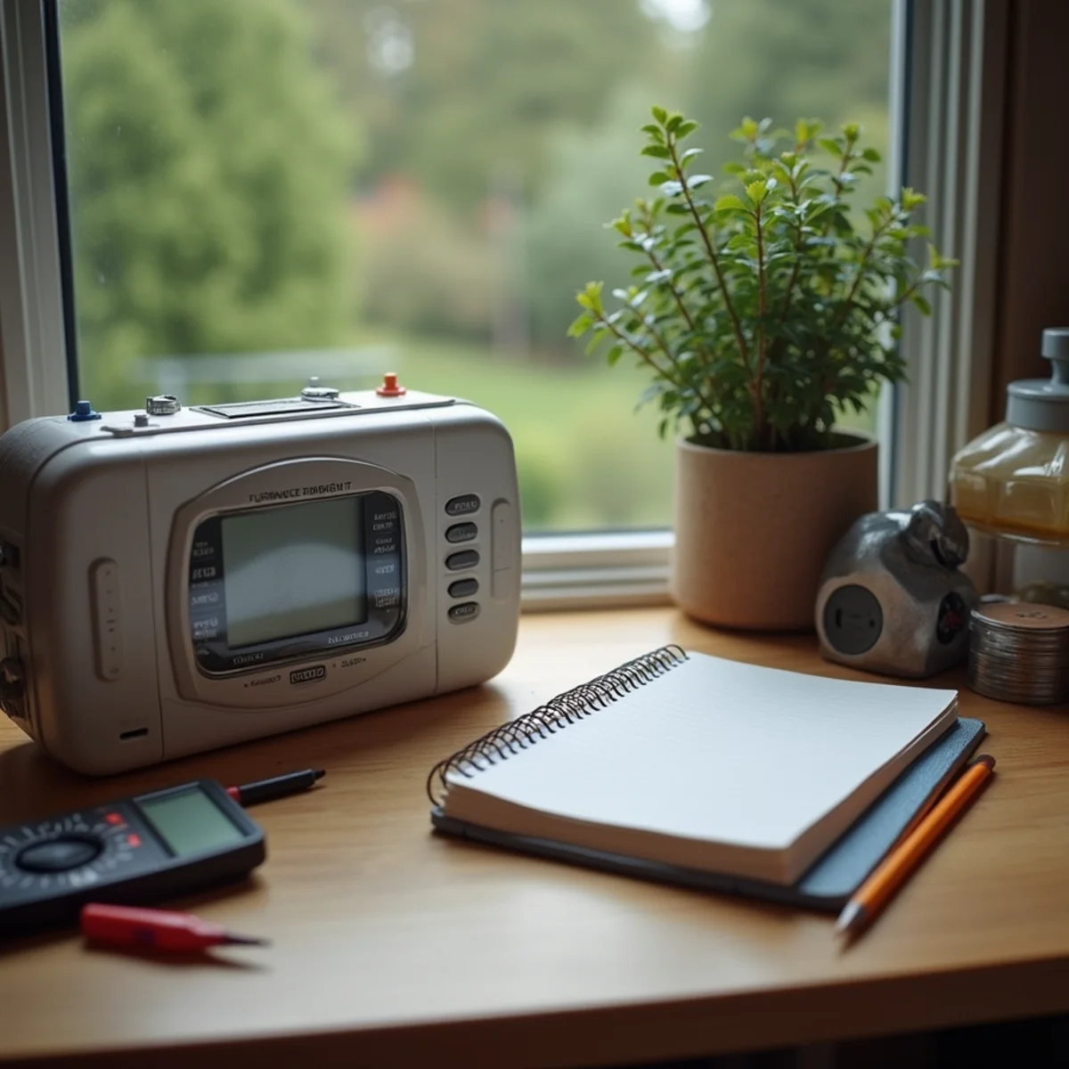 Thermostat, multimeter and notebook on a workbench by a window, representing HVAC advice for Lynnwood, WA homeowners