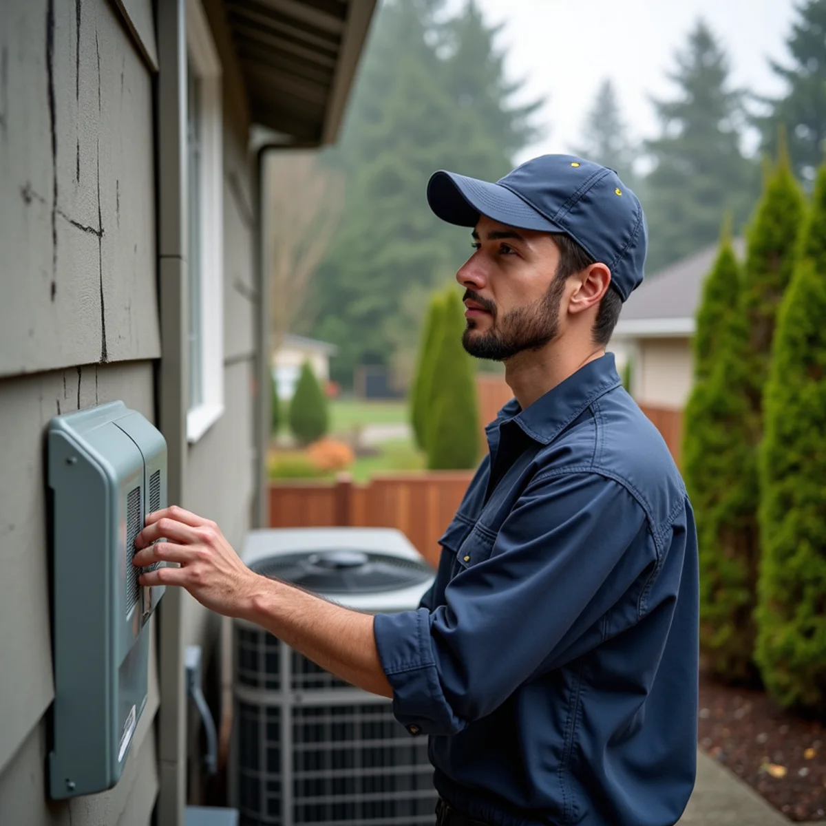 HVAC technician checking a heat pump outside a 1990s home in the Canyon Park area of Bothell, WA