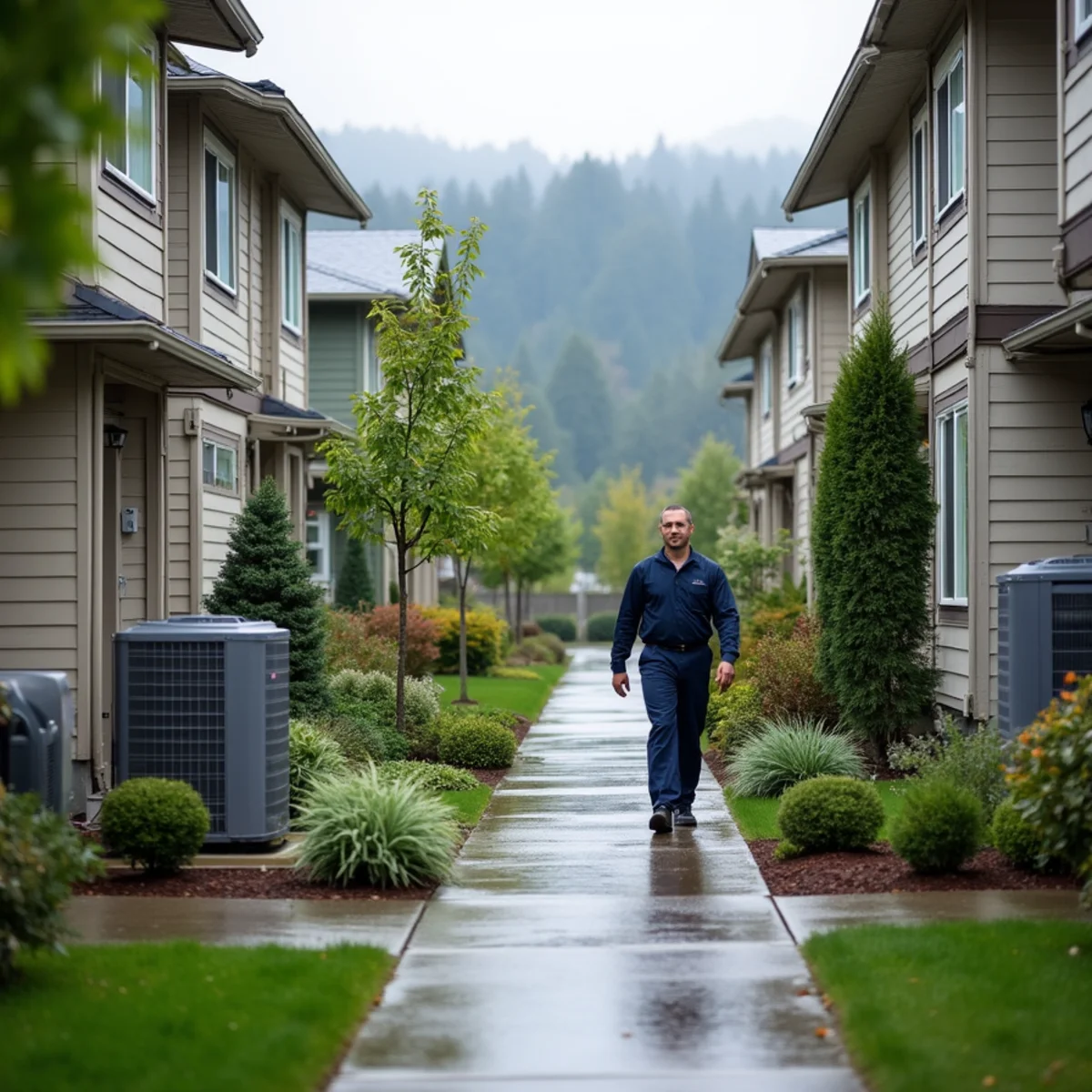 Row of newer townhomes in Bothell, WA with heat pump outdoor units along a shared side walkway