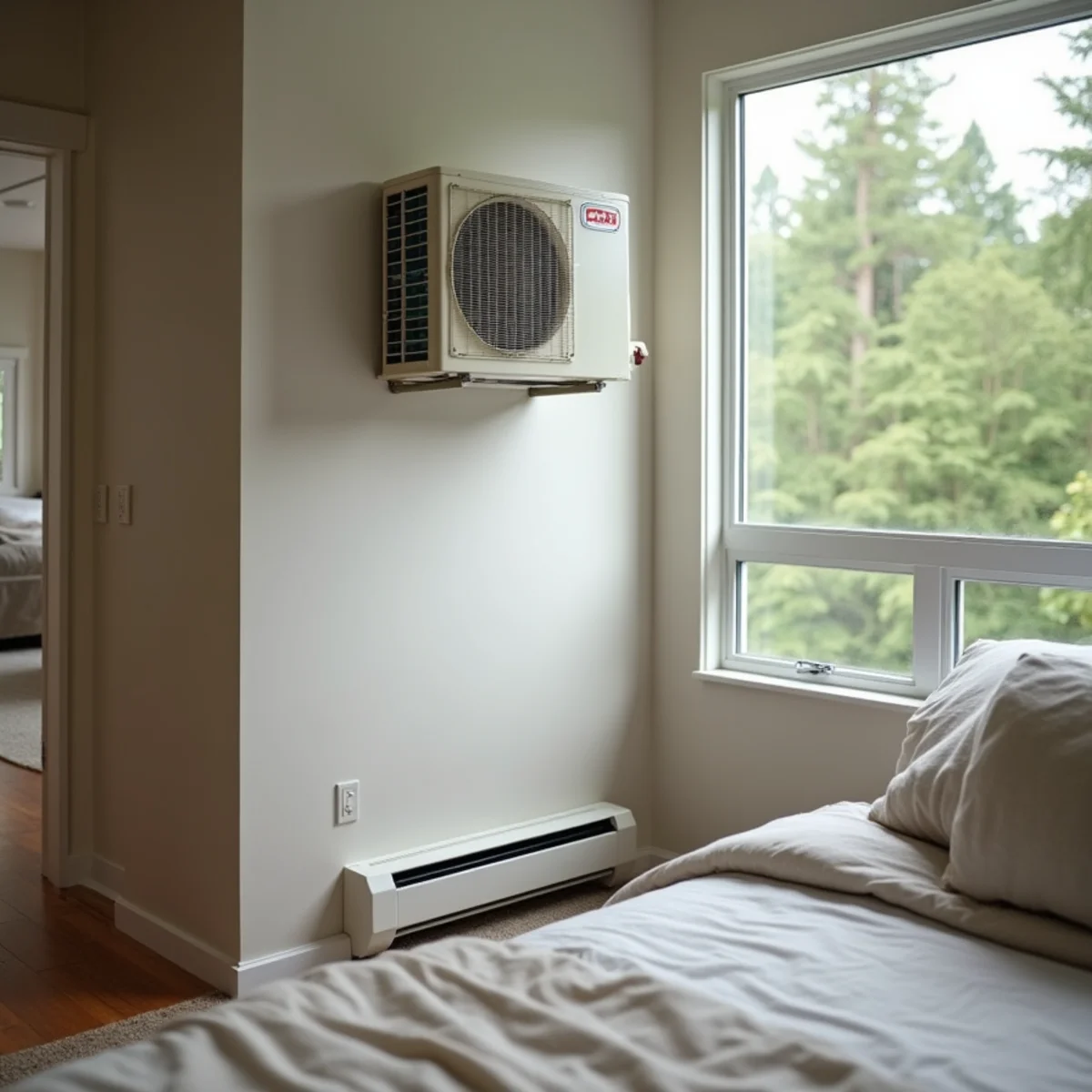 Ductless heat pump head installed above an old baseboard heater in a Lynnwood, WA condo bedroom