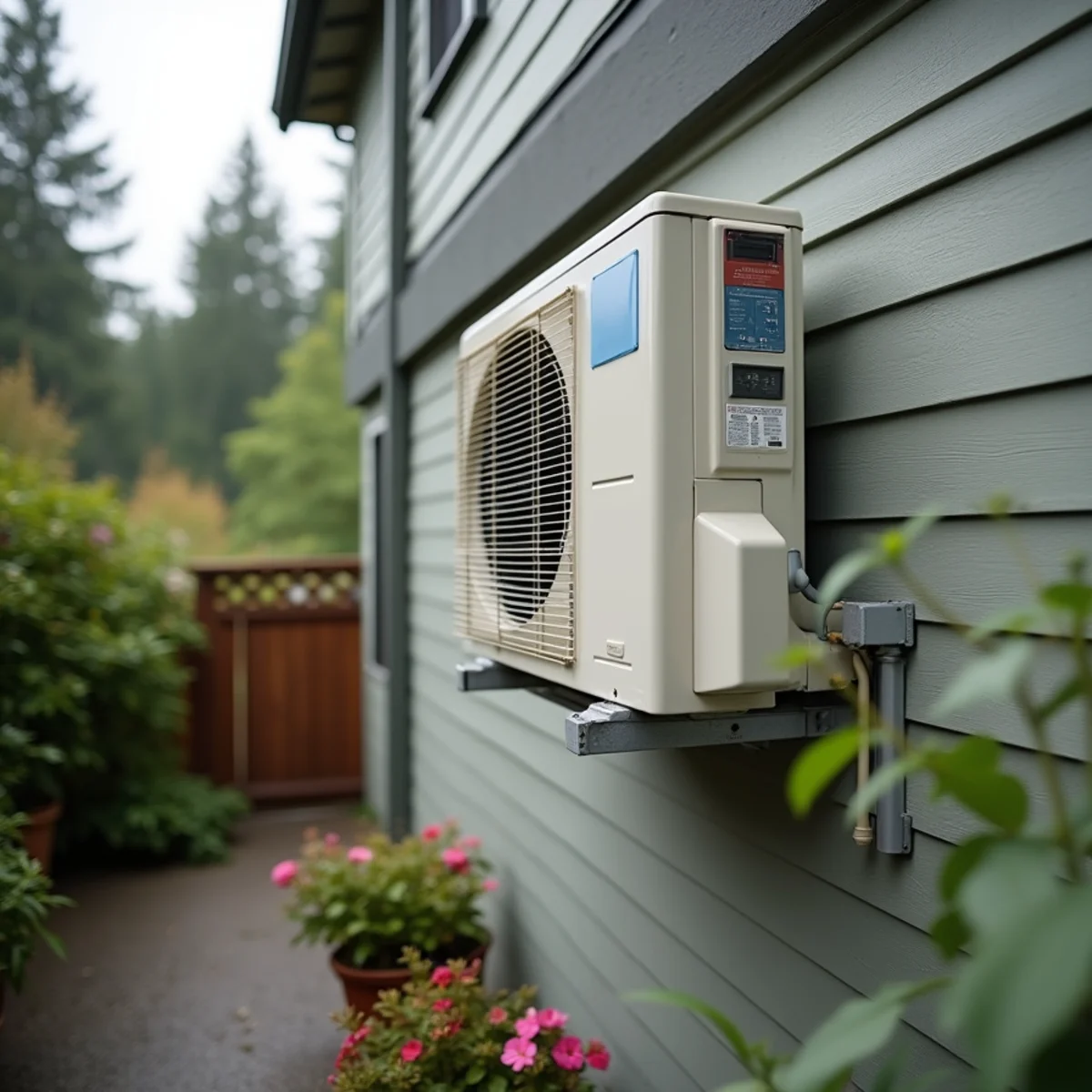 Mini-split outdoor unit on a wall bracket with a covered line set beside a townhome patio in Lynnwood, WA