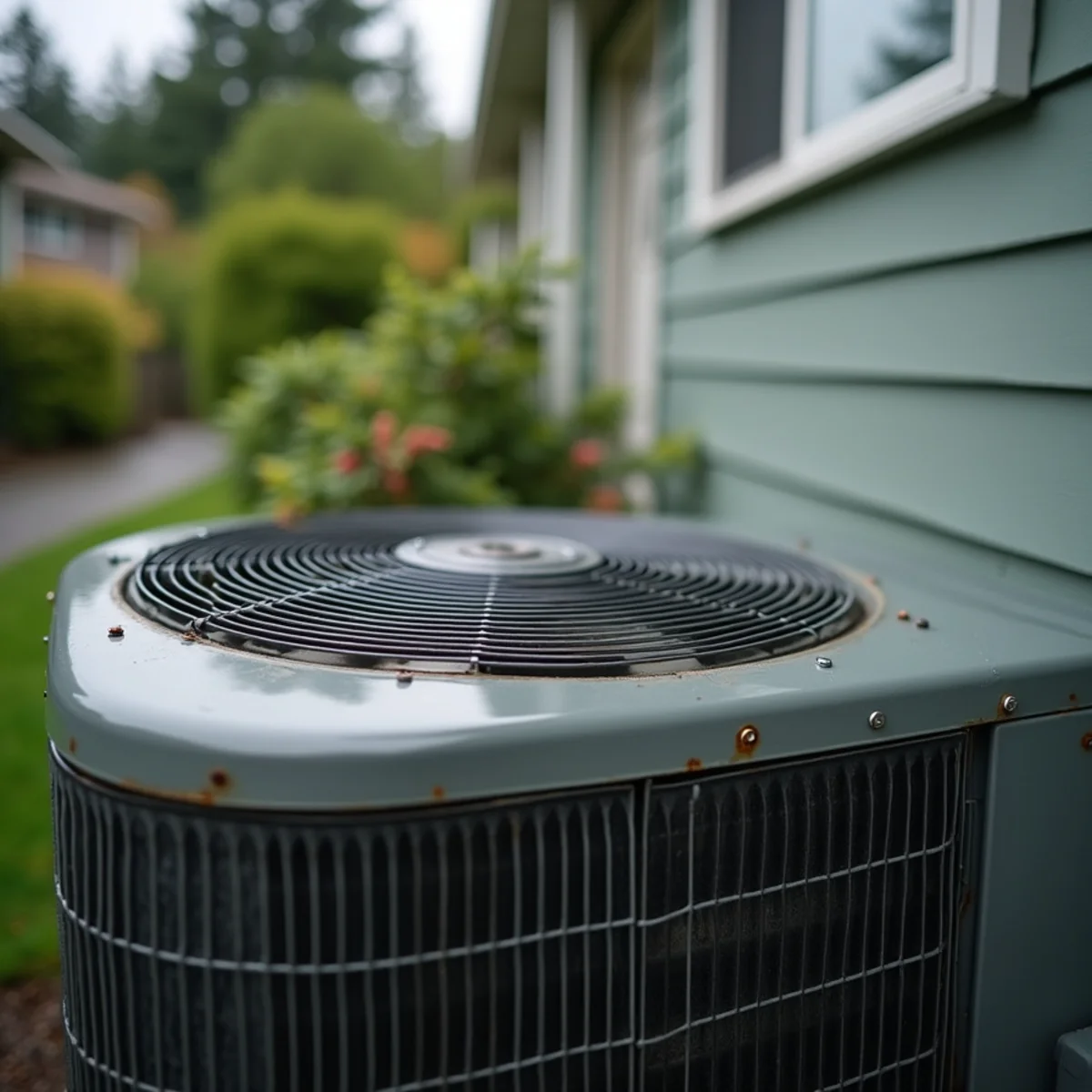 Heat pump outdoor unit beside a home in the Edmonds Bowl, with salt-air wear on the coil fins