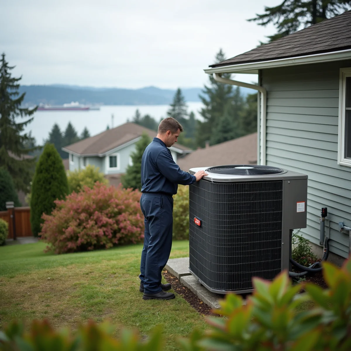 Older split-level home on a hillside in Edmonds, WA with a heat pump outdoor unit and Puget Sound beyond