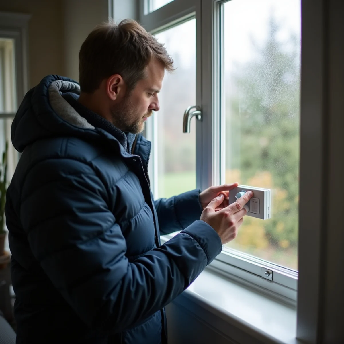 Homeowner in a winter jacket checking the thermostat beside a frosty window during a Lynnwood, WA cold snap