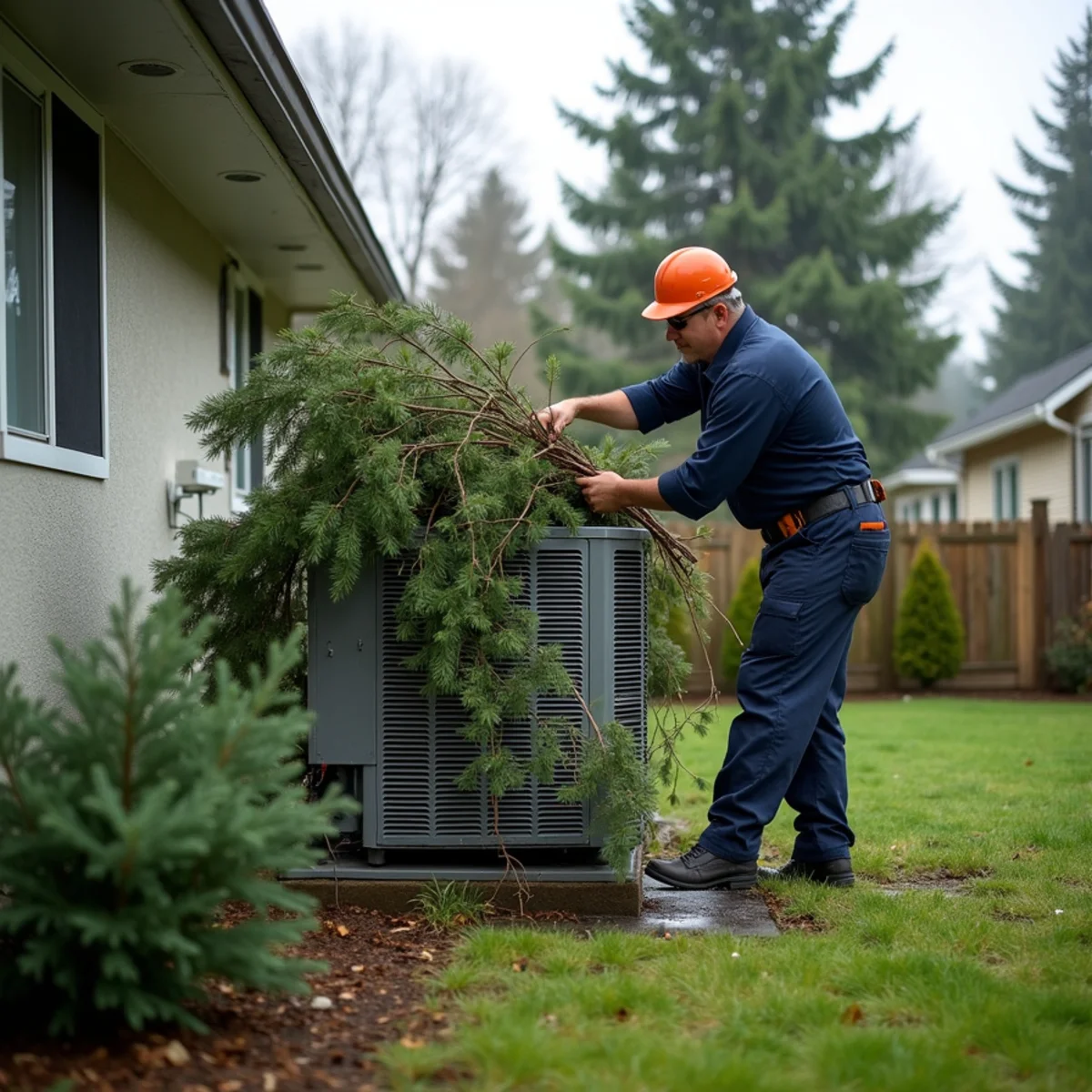 Heat pump outdoor unit being cleared of branches after a windstorm power outage in Lynnwood, WA