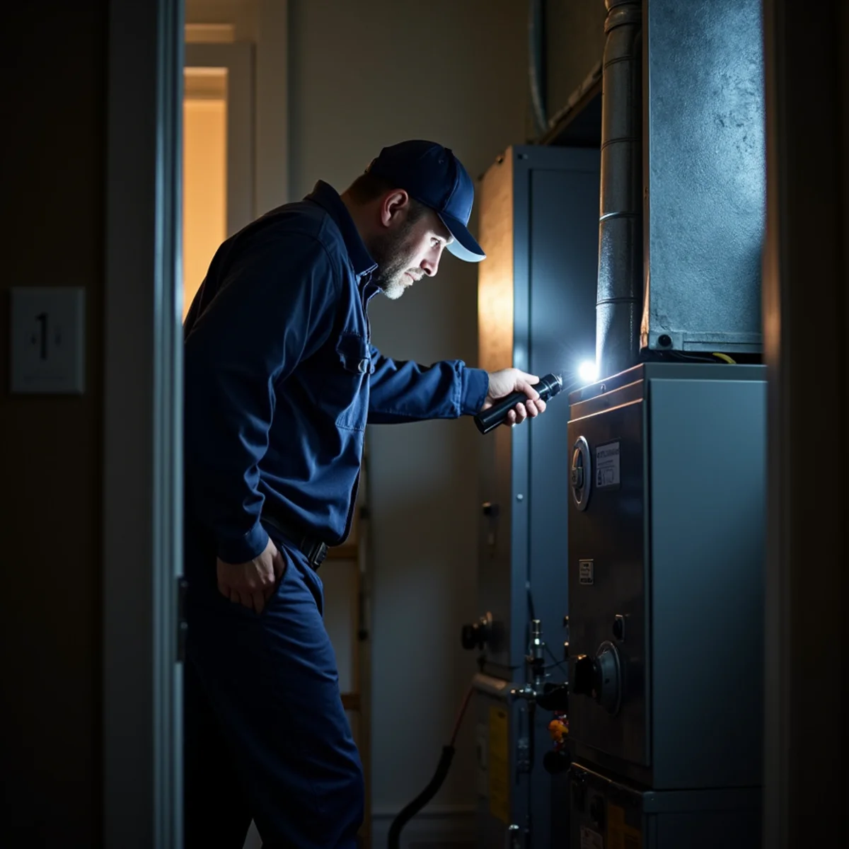 HVAC technician with a flashlight inspecting a gas furnace at night in a Lynnwood, WA home