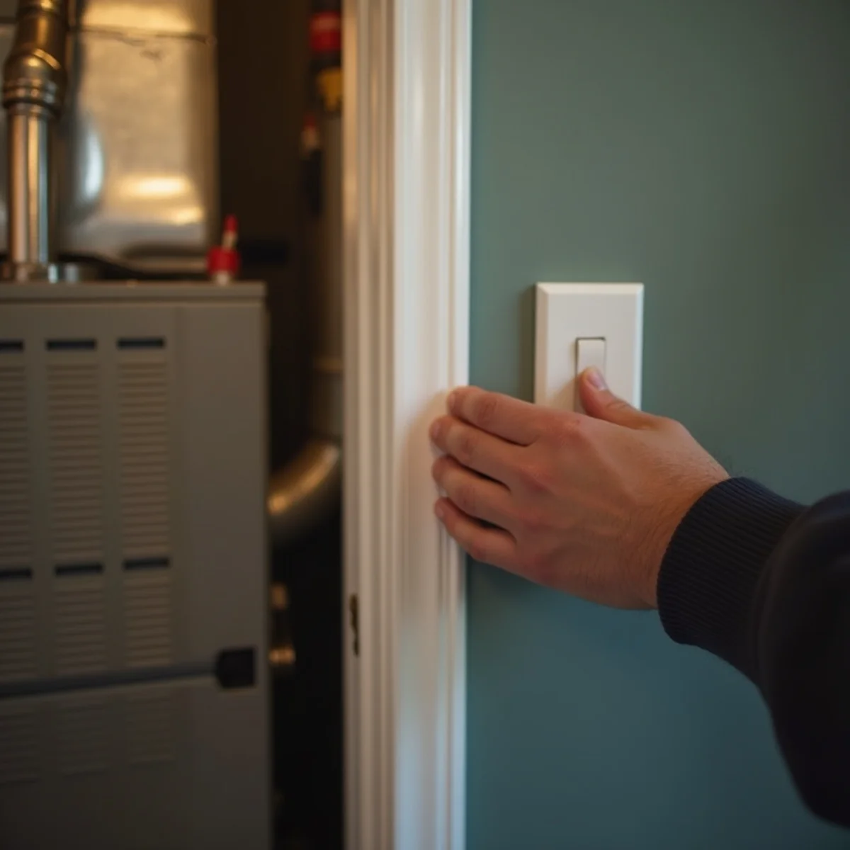 Homeowner flipping the light-switch-style furnace power switch in a Lynnwood hall closet