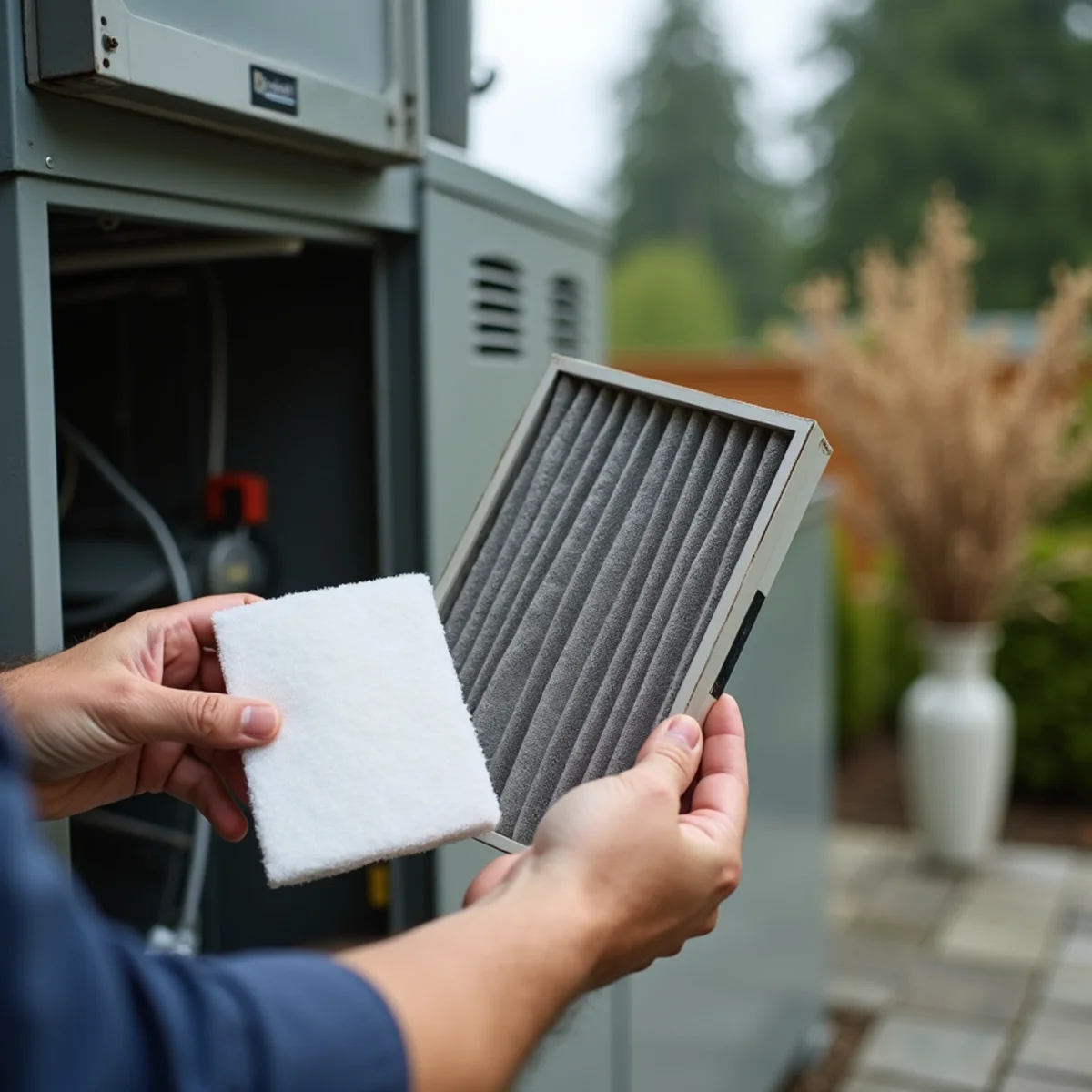 Clogged gray furnace air filter held next to a clean replacement in a Lynnwood home