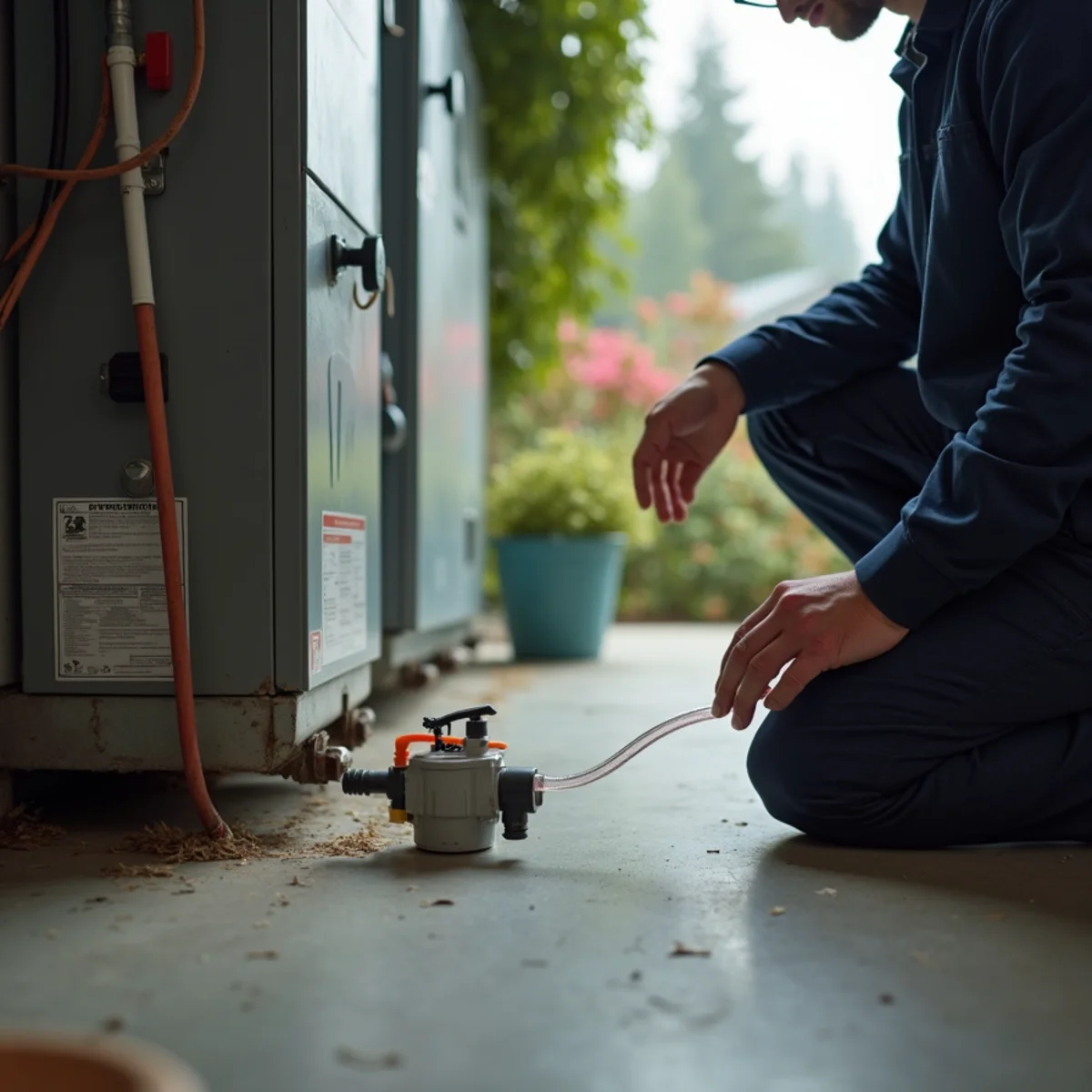 Condensate pump and clear drain tubing beside a high-efficiency gas furnace in a Lynnwood garage