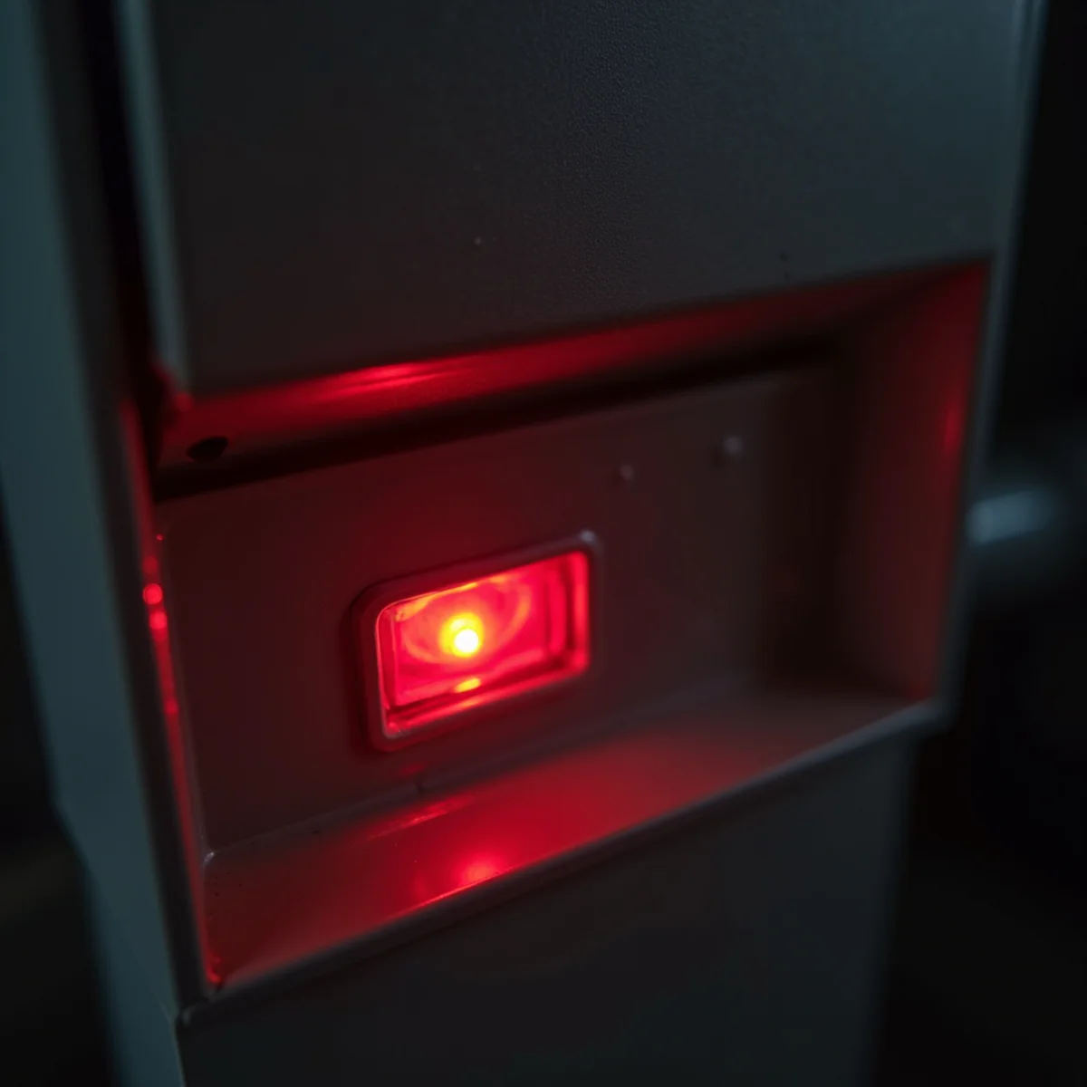 Blinking red status light seen through the window of a gas furnace blower door in a Lynnwood home