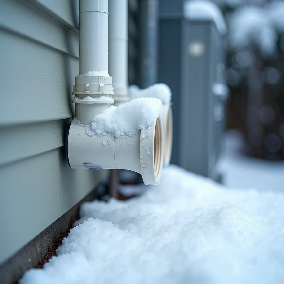 Snow drifted around white PVC furnace intake and exhaust pipes on a Lynnwood, WA house wall