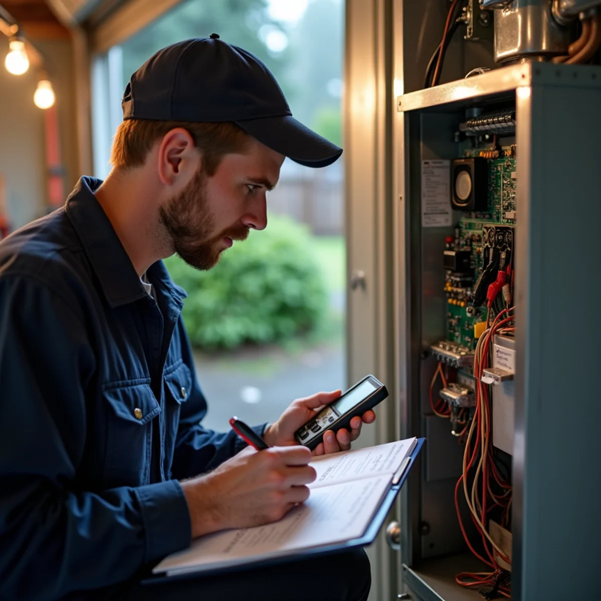 Technician testing a gas furnace control board in a Lynnwood home before quoting a repair