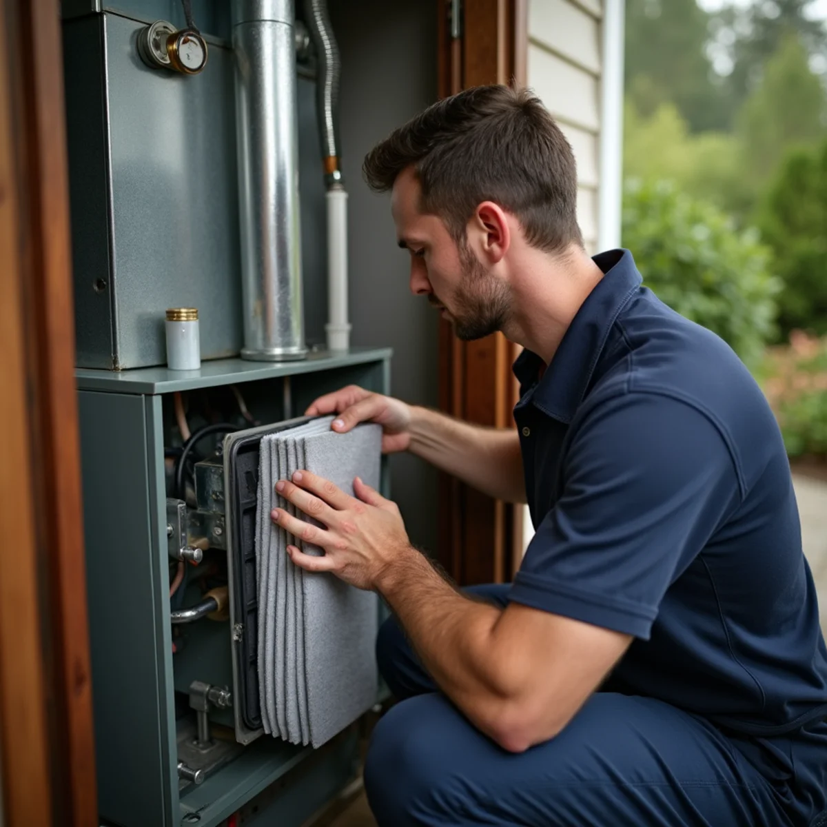 Furnace tune-up in a Lynnwood, WA home with the technician checking the filter and blower compartment