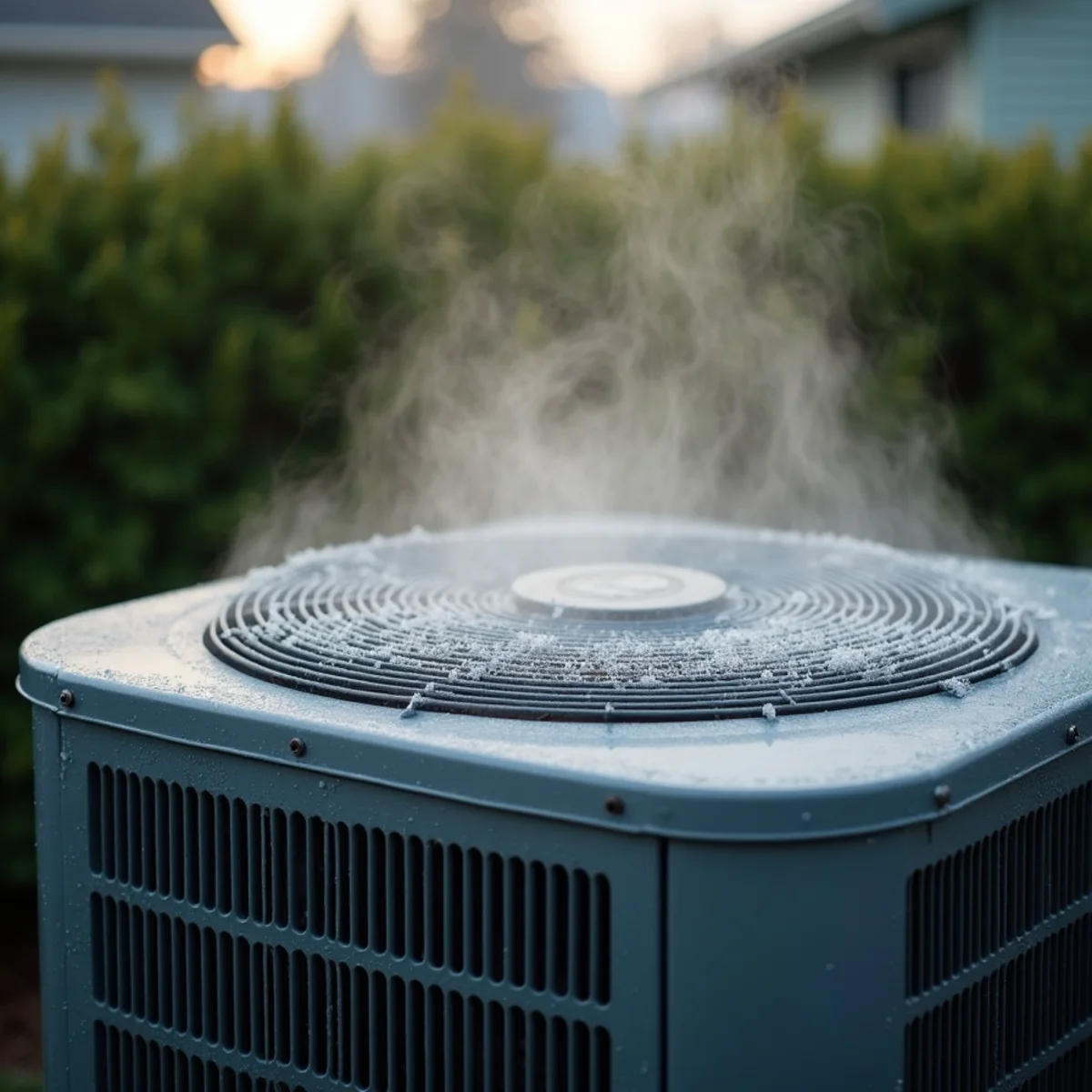 Steam rising from an outdoor heat pump during a defrost cycle at a Lynnwood house in winter