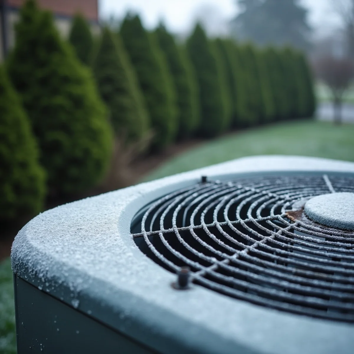 Frosted outdoor heat pump coil during a winter defrost cycle at a Lynnwood, WA home