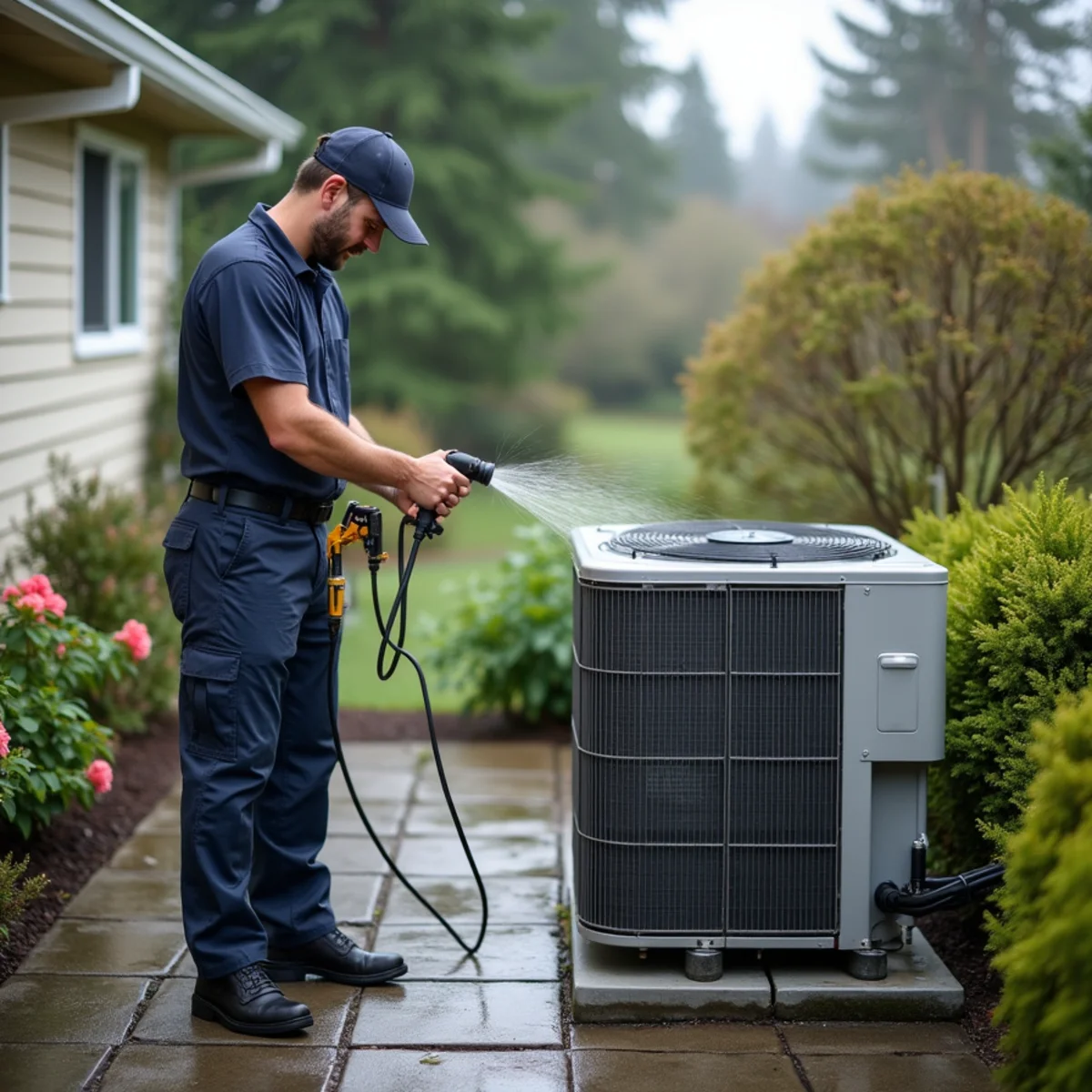 Technician cleaning the outdoor coil during heat pump maintenance at a Lynnwood home