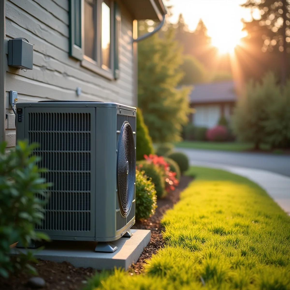 Heat pump outdoor unit cooling a ducted home on a hot summer afternoon in Mill Creek, WA