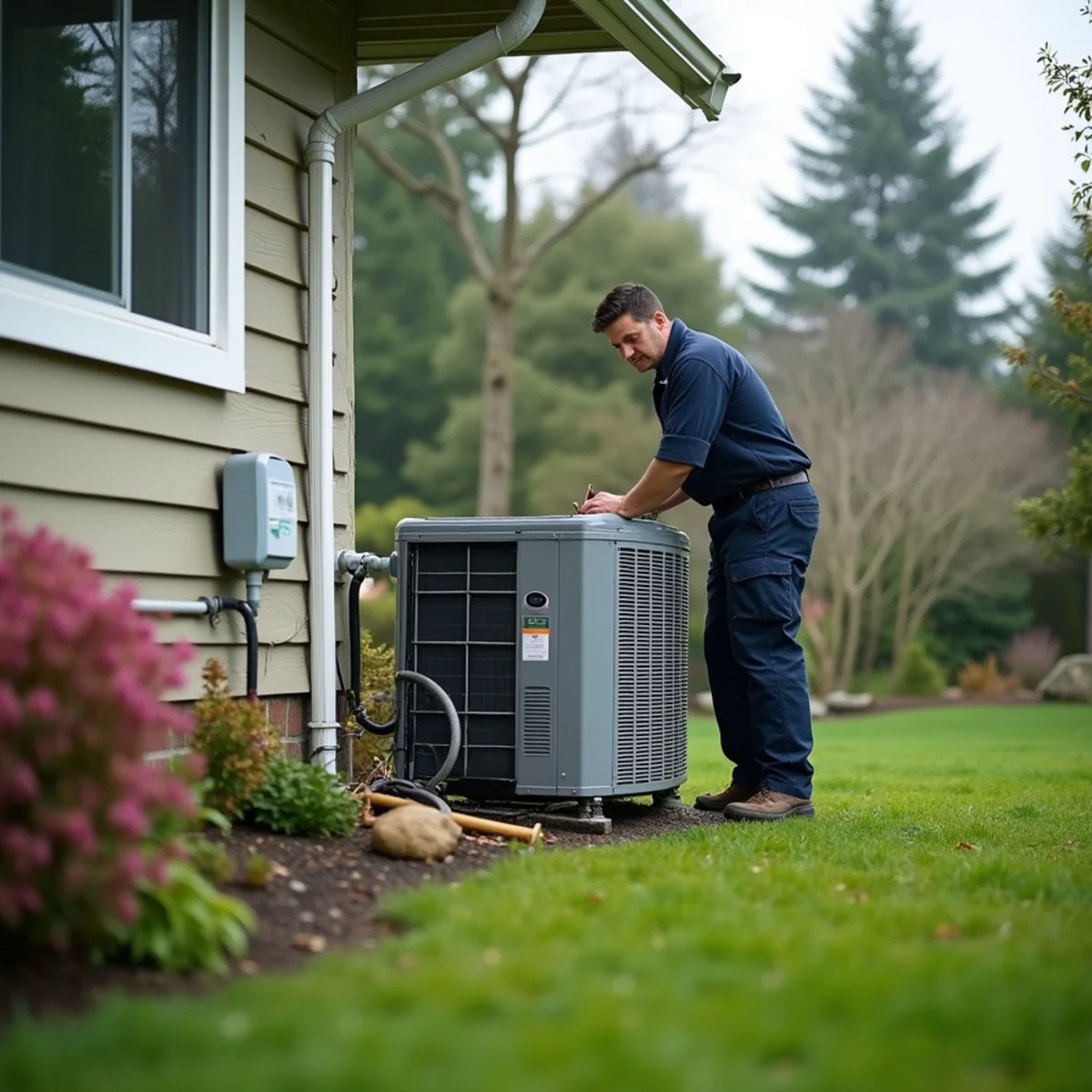 Ducted heat pump outdoor unit beside a 1980s two-story home in Mill Creek, WA, with the gas meter on the same wall