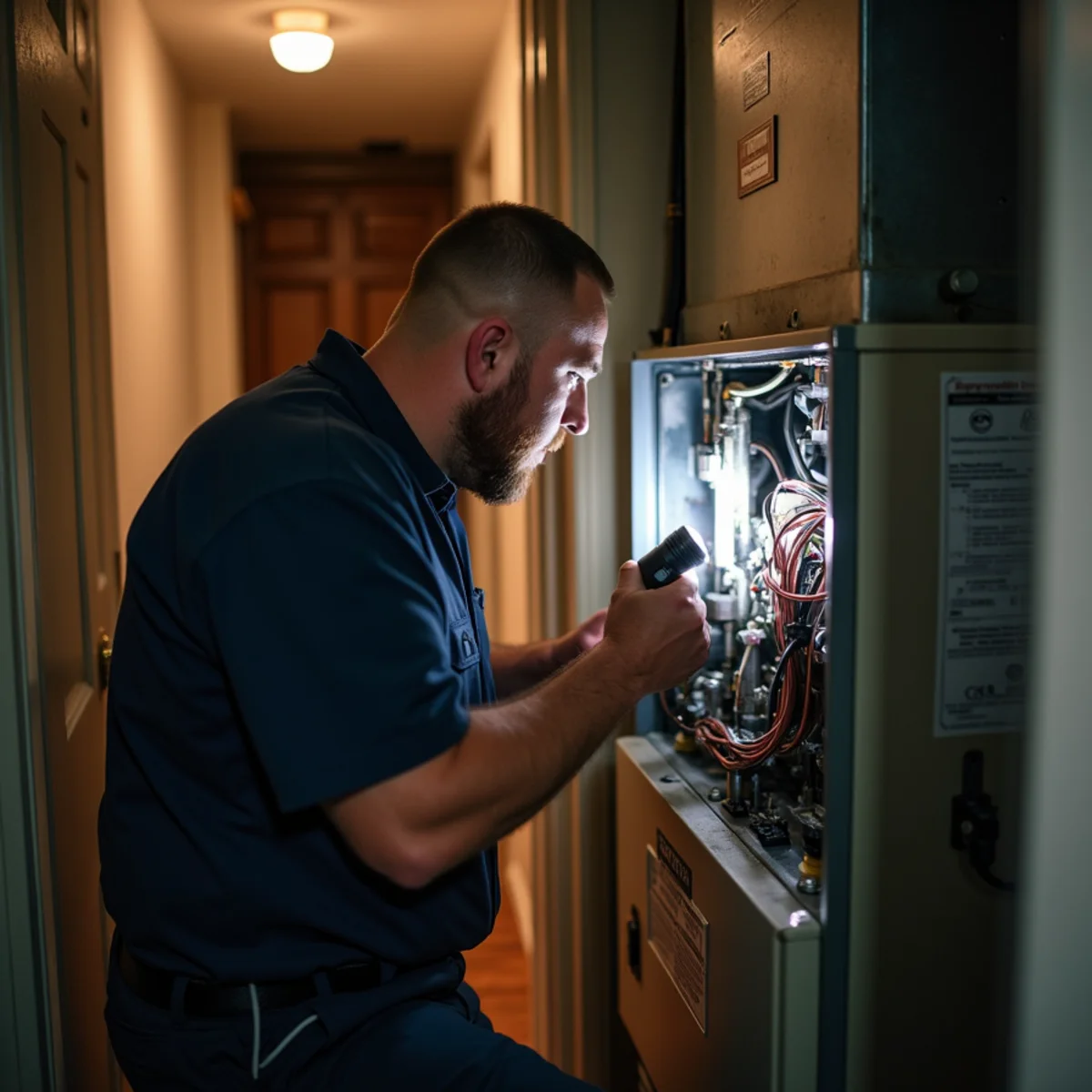 HVAC technician servicing a gas furnace in the utility closet of a 1970s Lynnwood, WA home
