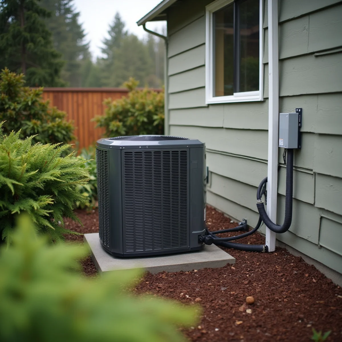 Newly installed heat pump outdoor unit beside a split-level home in Lynnwood, WA