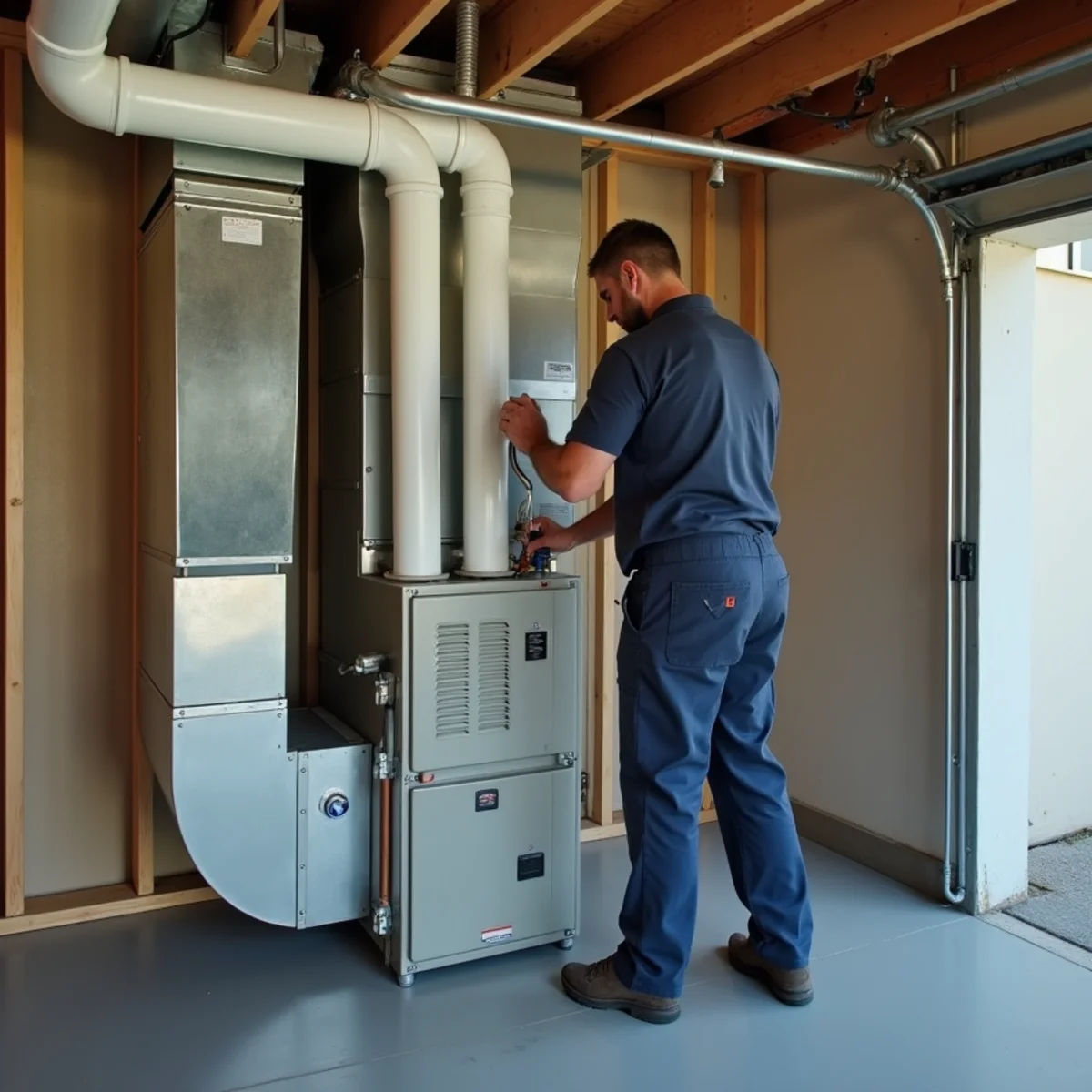 New high-efficiency gas furnace with white PVC vent and intake pipes installed in a Lynnwood, WA garage