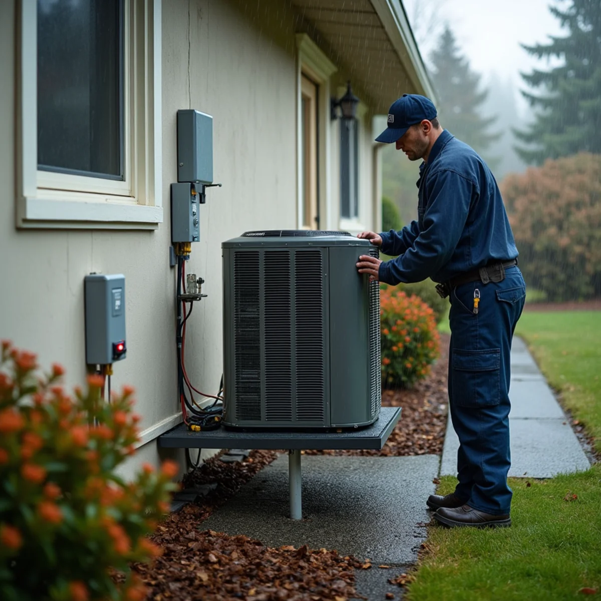 Cold-climate heat pump outdoor unit on a raised stand beside a ranch house in Lynnwood, WA