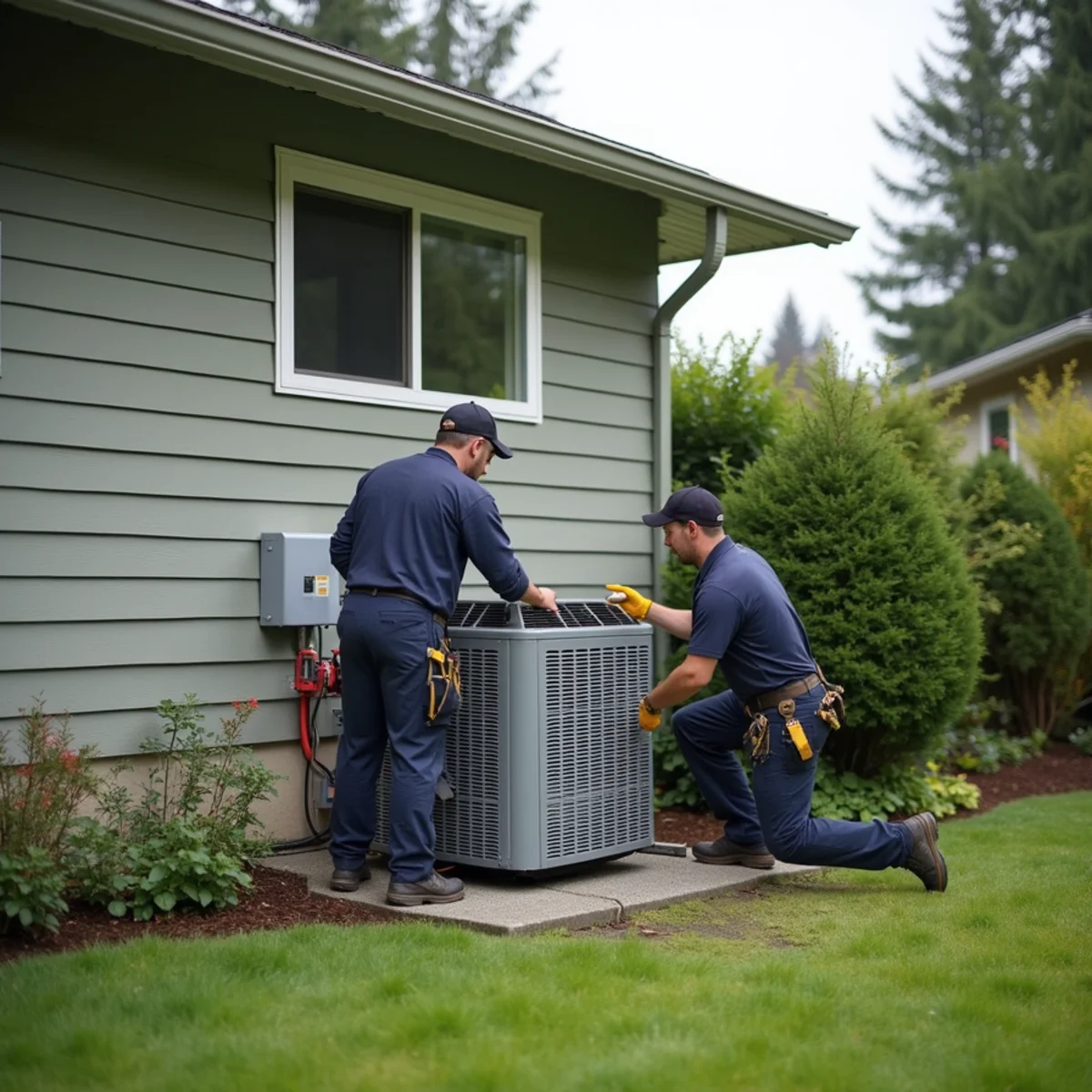HVAC installer setting a new heat pump outdoor unit beside a 1970s split-level home in Lynnwood, WA