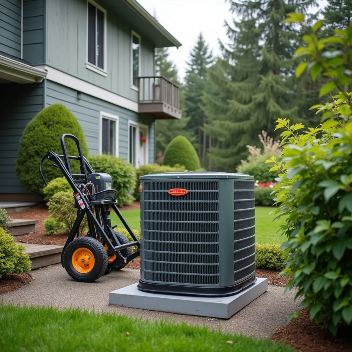 New AC condenser on a concrete pad beside a two-story home in a Mill Creek, WA subdivision