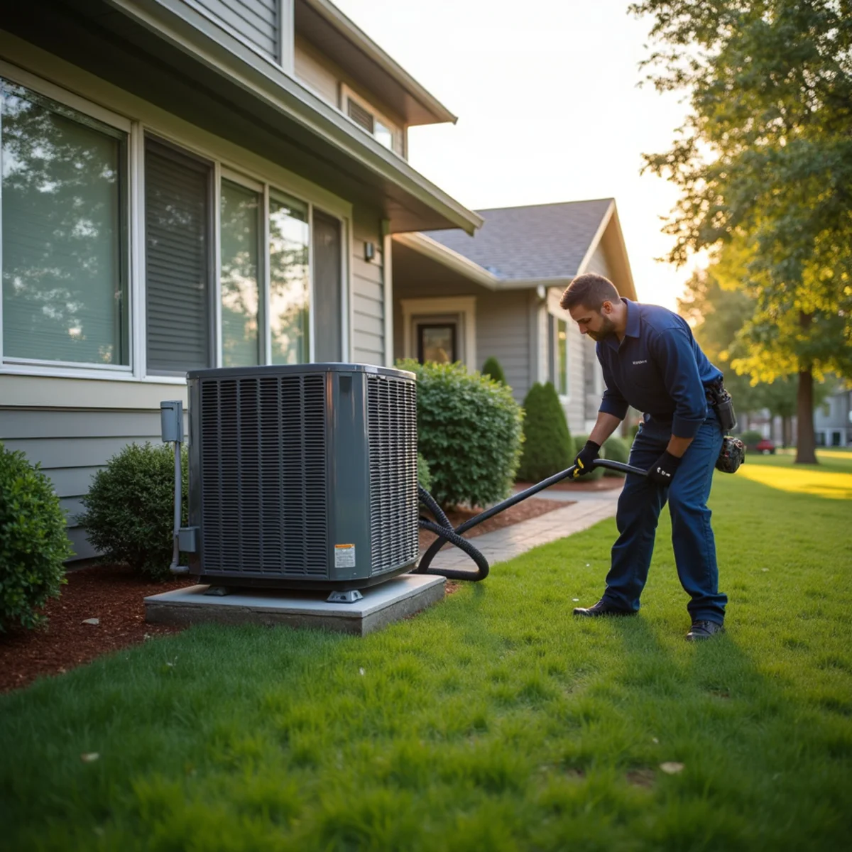 Two-story 1990s home in Mill Creek, WA with an air conditioning condenser on a side-yard pad