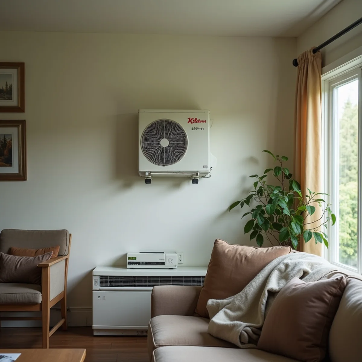 Ductless heat pump indoor head on the living room wall of a small postwar home in Mountlake Terrace, WA