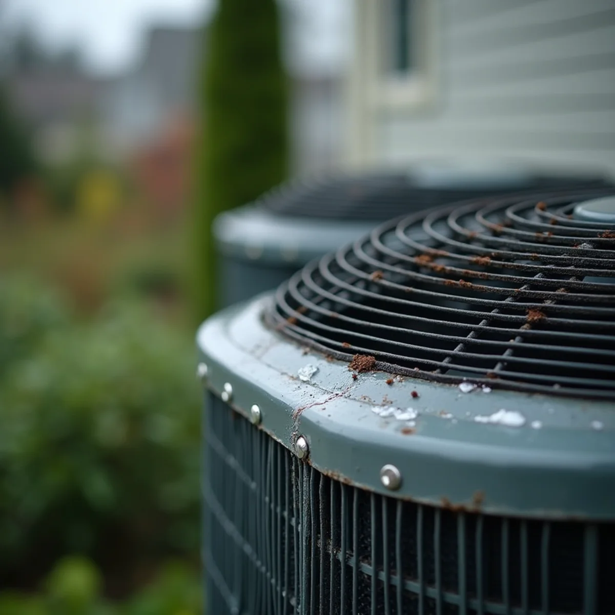 Heat pump with weathered, salt-worn coil fins outside a Harbour Pointe home in Mukilteo, WA