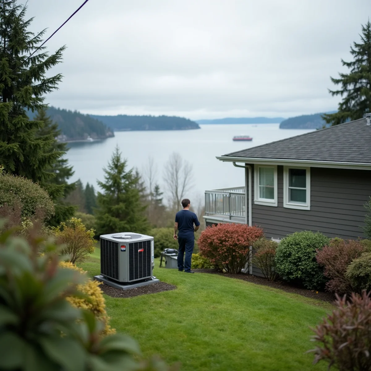 Hillside home above Possession Sound in Mukilteo, WA with a heat pump outdoor unit on the side yard