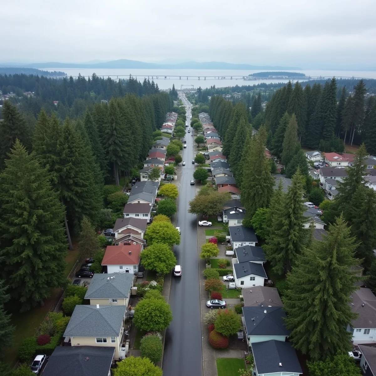Aerial view of south Snohomish County neighborhoods around Lynnwood, WA with Puget Sound in the distance